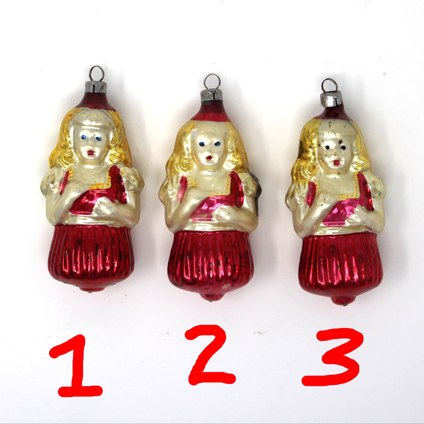 Ornaments, Mercury Blown Glass, Figural Girl in Red Dress, Goldilocks, Vintage Czechoslovakia