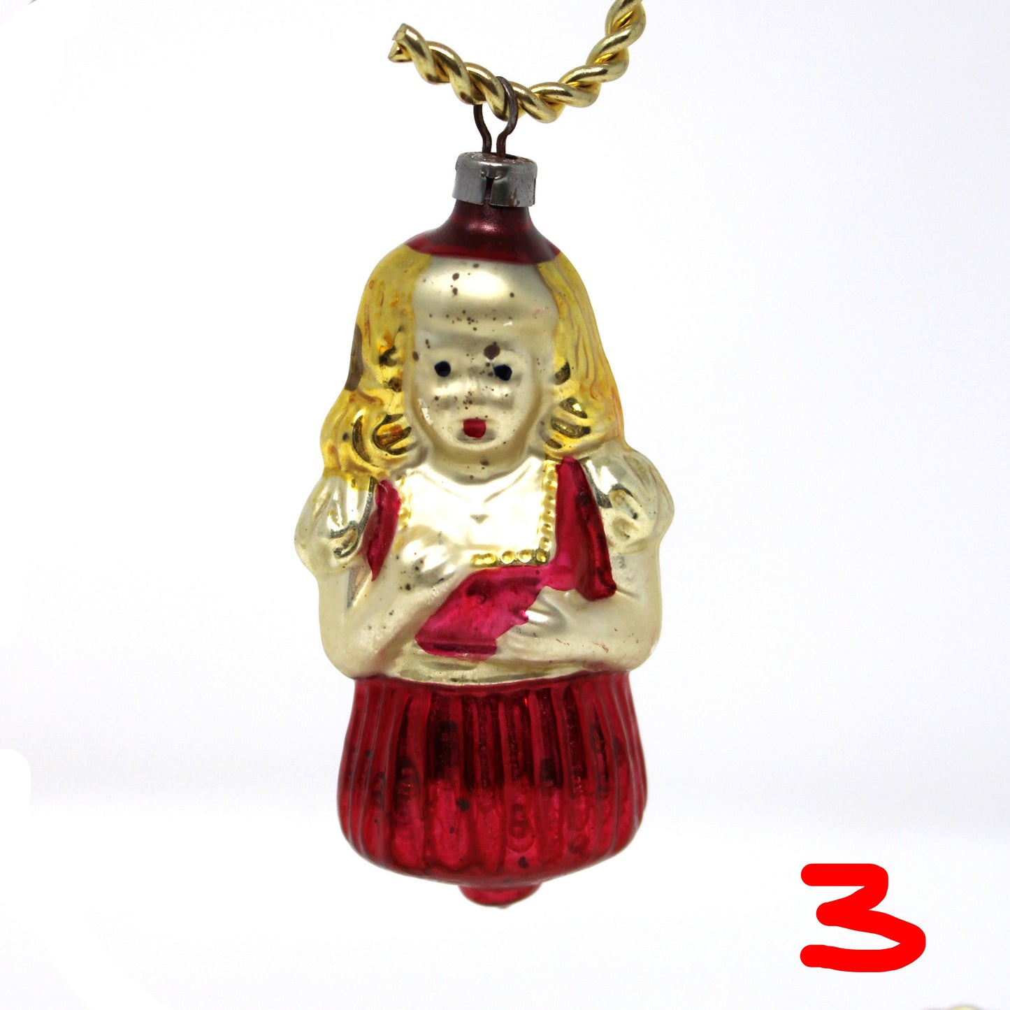 Ornaments, Mercury Blown Glass, Figural Girl in Red Dress, Goldilocks, Vintage Czechoslovakia
