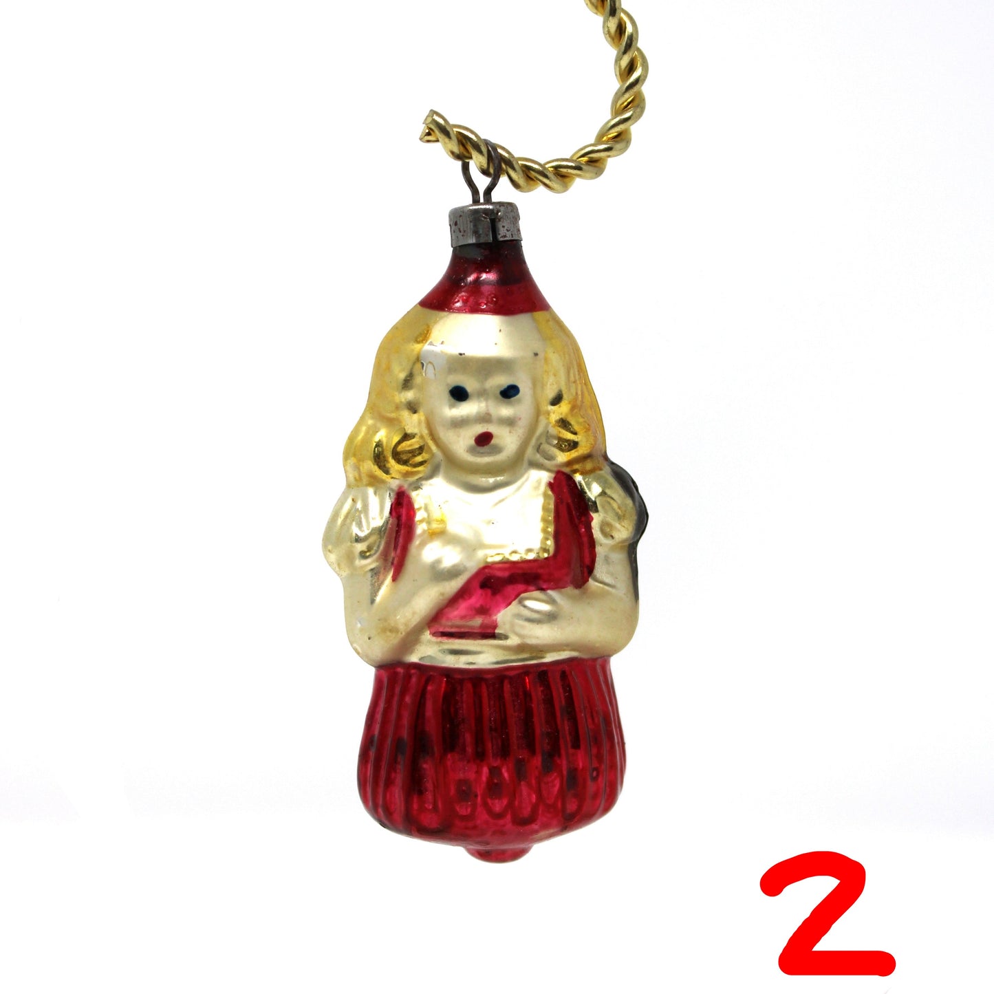 Ornaments, Mercury Blown Glass, Figural Girl in Red Dress, Goldilocks, Vintage Czechoslovakia