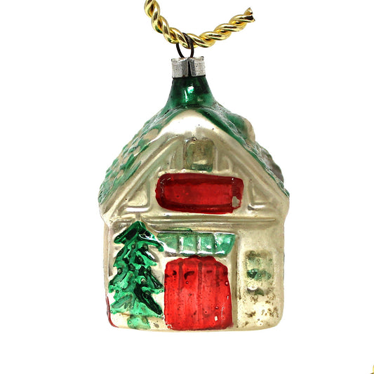 Antique Christmas ornament, cottage house ornament with red door and green roof . Lauscha, Germany