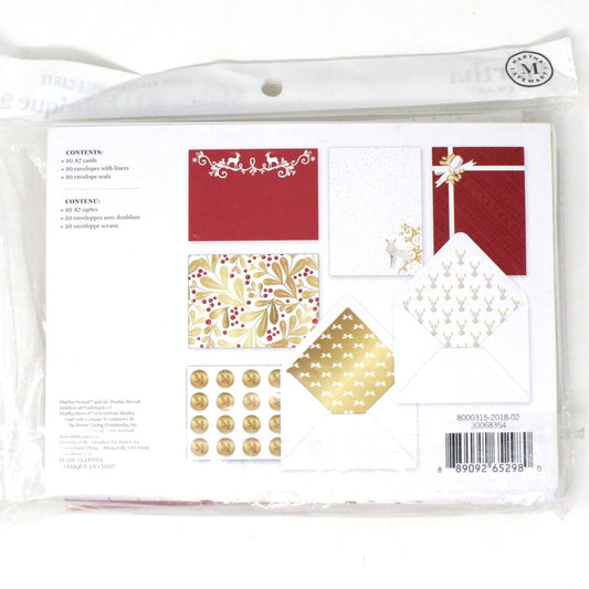 Greeting Card / Christmas, Set of 20 cards w/Envelopes, Red, Gold, White Reindeers & Holly, Unused