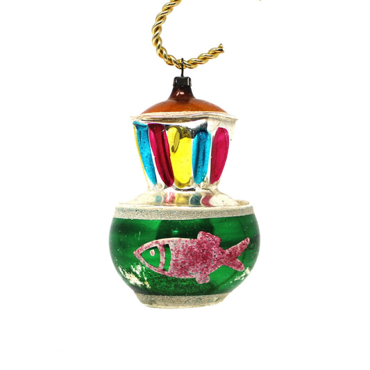 Ornaments, Christmas Mercury Blown Glass, Two-Tier, Fluted Multicolor Top, Round Bottom Mica Fish, Germany, Vintage