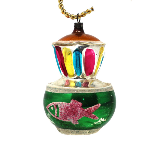 Ornaments, Christmas Mercury Blown Glass, Two-Tier, Fluted Multicolor Top, Round Bottom Mica Fish, Germany, Vintage