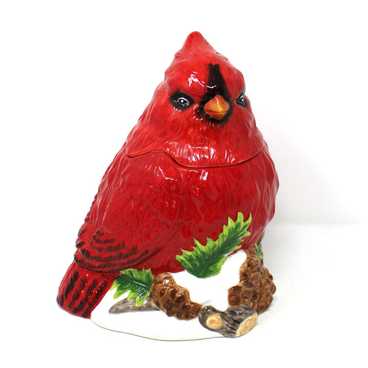 Vintage Christmas Cookie Jar, Red Cardinal Shaped, Ceramic Biscuit Canister, Cookie Holiday Kitchen Decor, Winter Birds