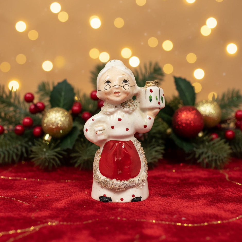 Candle Holders, Mrs Claus with Spaghetti Trim, Hand Painted Porcelain Taper Holder, Vintage, Commodore Japan