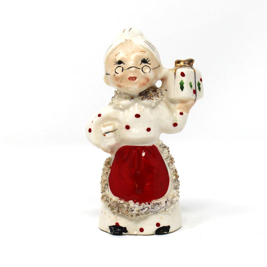 Vintage Figural Candle Holder, Christmas Mrs Claus Holding Gift Box, Hand Painted Porcelain, Mid Century Spaghetti Trim, Holiday Home Decor
