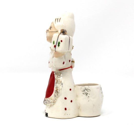 Candle Holders, Mrs Claus with Spaghetti Trim, Hand Painted Porcelain Taper Holder, Vintage, Commodore Japan