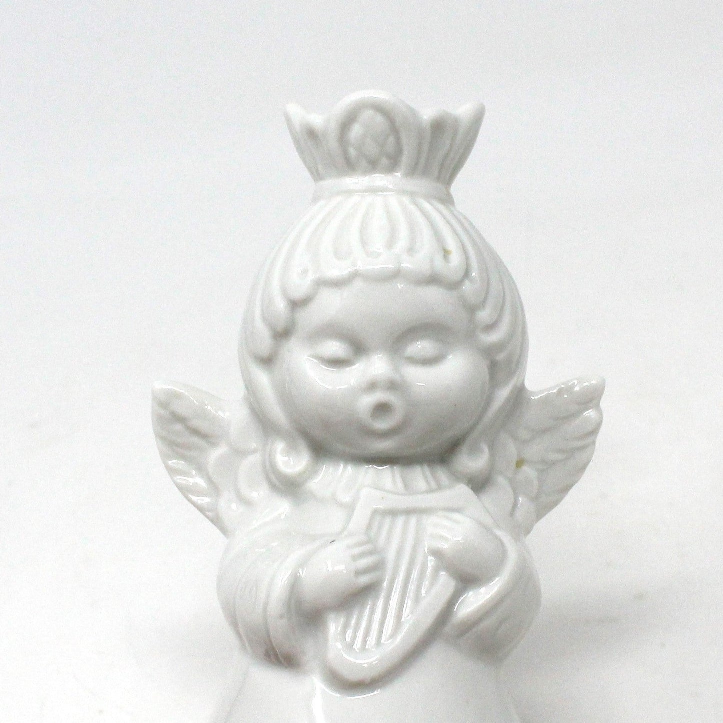 Candle Holder, Dresden, Angel Playing Harp, White Porcelain, Vintage