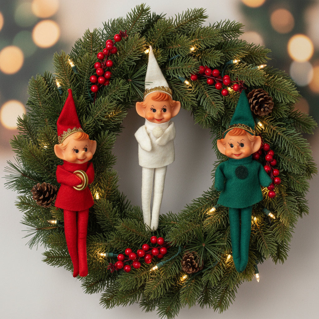 Ornaments, Pixie Elf Doll, Mid Century Christmas, Felt, Sold Separately: Red / Green / White, Pointy Nose, Vintage
