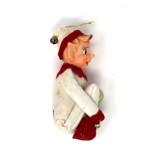 Ornaments, Knee Hugger / Pixie Elf, Mid Century Christmas Collectible, LARGE, Pointy Nose, Red & White Felt, Vintage