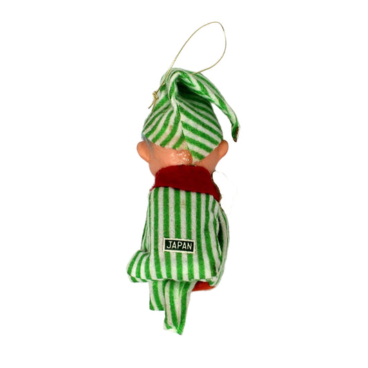 Ornaments, Knee Hugger / Pixie Elf, Mid Century Christmas Collectible, RARE, Blue Hair, Round Nose, Striped Green / White, Vintage