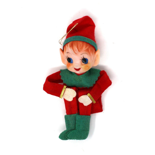 Vintage Knee Hugger Pixie elf figurine ornament, wearing a red outfit with green accents.
