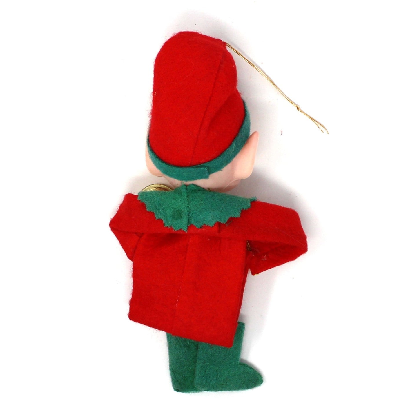 Back view of Vintage Christmas elf ornament with red jacket and green hat on a white background