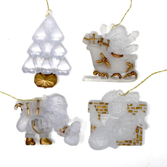 Ornaments, Acrylic, Frosted and Gold Trimmed, Set of 4 Holiday Ornaments, Vintage