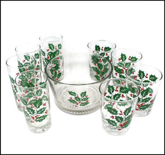 A set of vintage Christmas holiday glasses with matching ice bowl / ice bucket. 'Holly' pattern by Bartlett Collins. Set includes highball glasses, double old fashioned glasses and ice bowl.