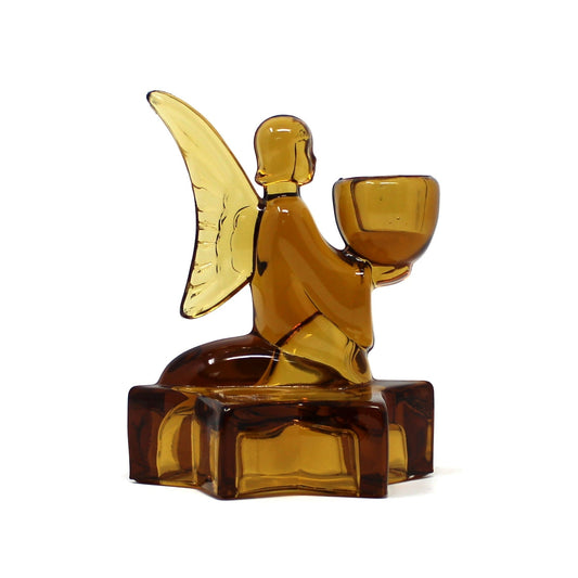 Candle Holder, L.E. Smith Glass, Kneeling Angel on Star Base, Amber Glass Taper Holder, Vintage