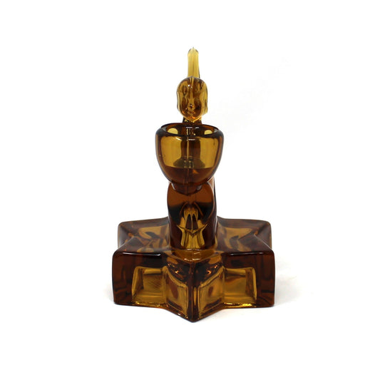 Candle Holder, L.E. Smith Glass, Kneeling Angel on Star Base, Amber Glass Taper Holder, Vintage