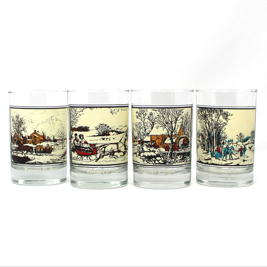 Glasses, Whiskey / Rocks, Currier & Ives, Winter Holiday Scenes, Double Old Fashioned, Vintage, Set of 4
