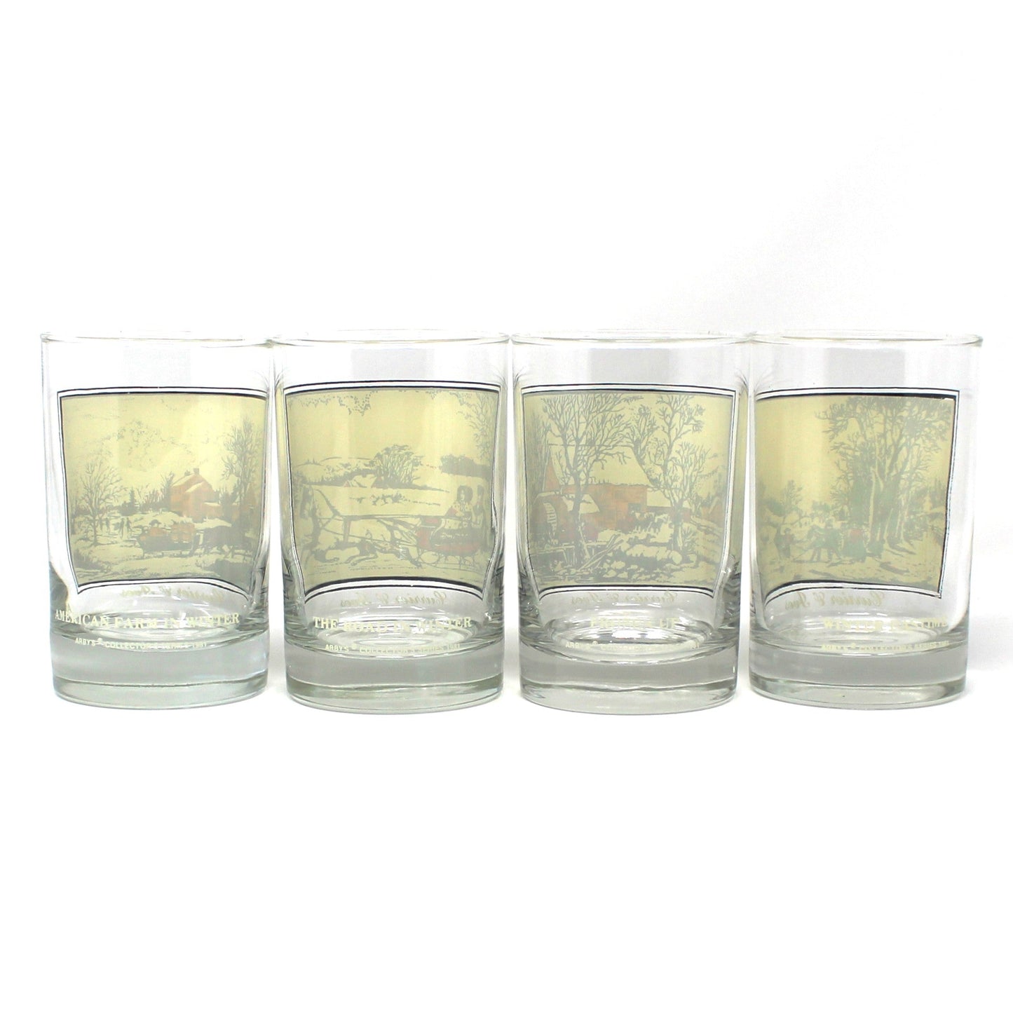 Glasses, Whiskey / Rocks, Currier & Ives, Winter Holiday Scenes, Double Old Fashioned, Vintage, Set of 4