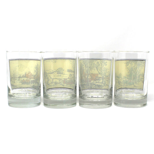 Glasses, Whiskey / Rocks, Currier & Ives, Winter Holiday Scenes, Double Old Fashioned, Vintage, Set of 4