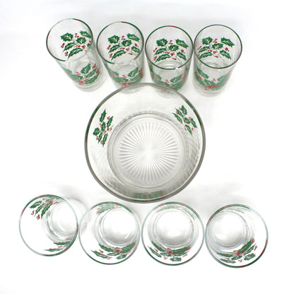 Glasses, Whiskey, Tom Collins & Ice Bowl, Bartlett Collins, Christmas Holly, 9 Pcs, Vintage