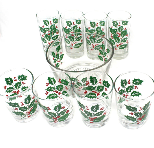 Glasses & Ice Bowl Set, Ice Bucket, Whiskey Glasses, Bartlett Collins, Christmas Holly, 9 Pcs, Vintage