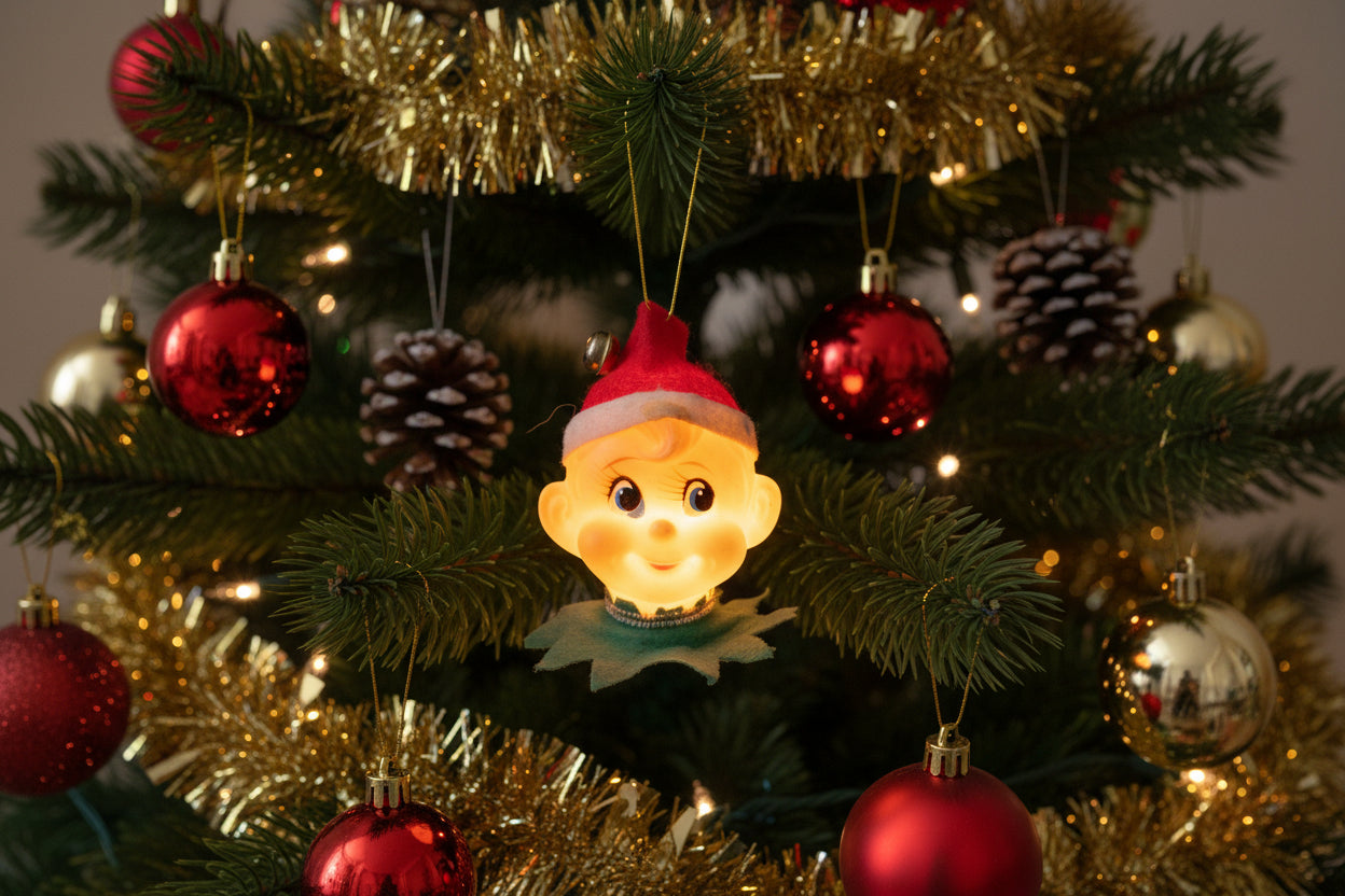 Ornaments, Pixie Elf Christmas Light Cover, Mid Century Collectible, Green OR Red Sold Separately, Vintage