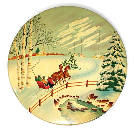 Tins, Gift Tin / Cookie Tin, Horse Drawn Sleigh Snowy Winter Scene, Olive Can Co, Antique
