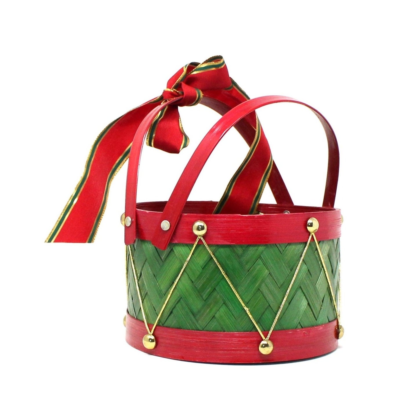 Basket, Red and Green Holiday Drum Shaped Basket with Handles, Vintage 7", SOLD