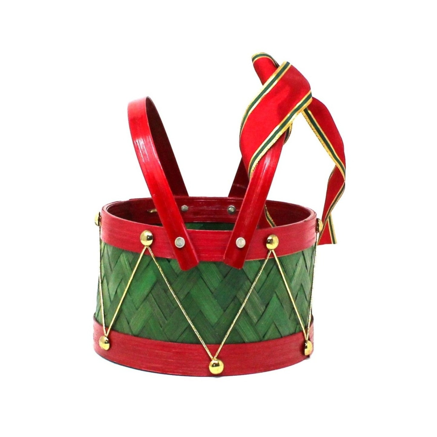 Basket, Red and Green Holiday Drum Shaped Basket with Handles, Vintage 7", SOLD