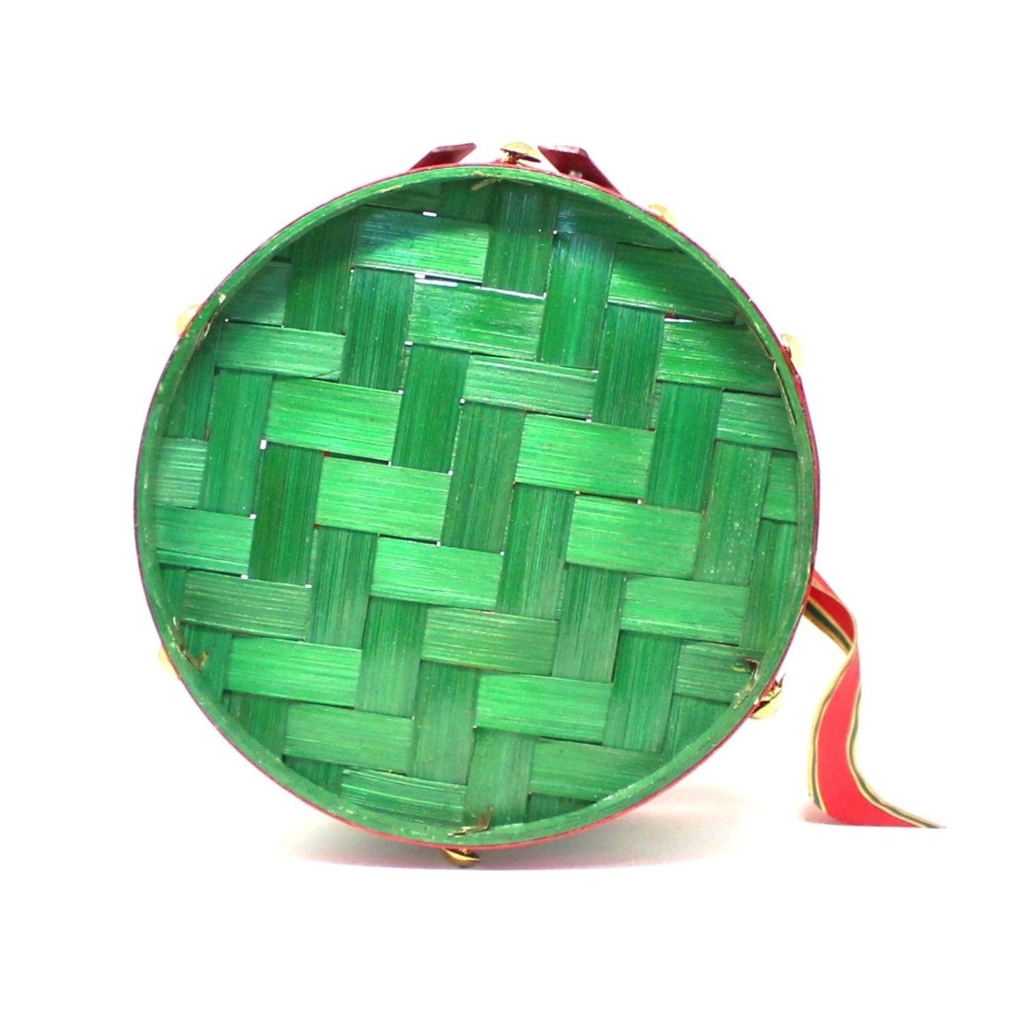 Basket, Red and Green Holiday Drum Shaped Basket with Handles, Vintage 7", SOLD