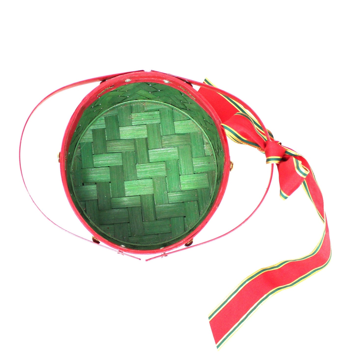 Basket, Red and Green Holiday Drum Shaped Basket with Handles, Vintage 7", SOLD