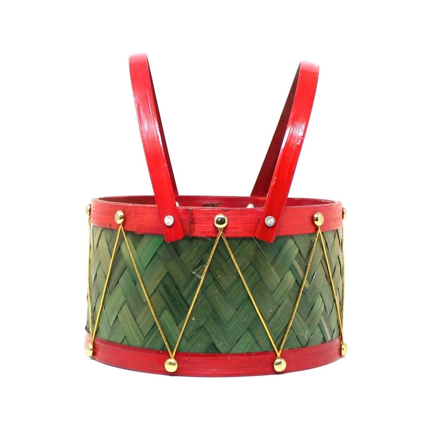 Basket, Red and Green Holiday Drum Shaped Basket with Handles, Vintage 9"