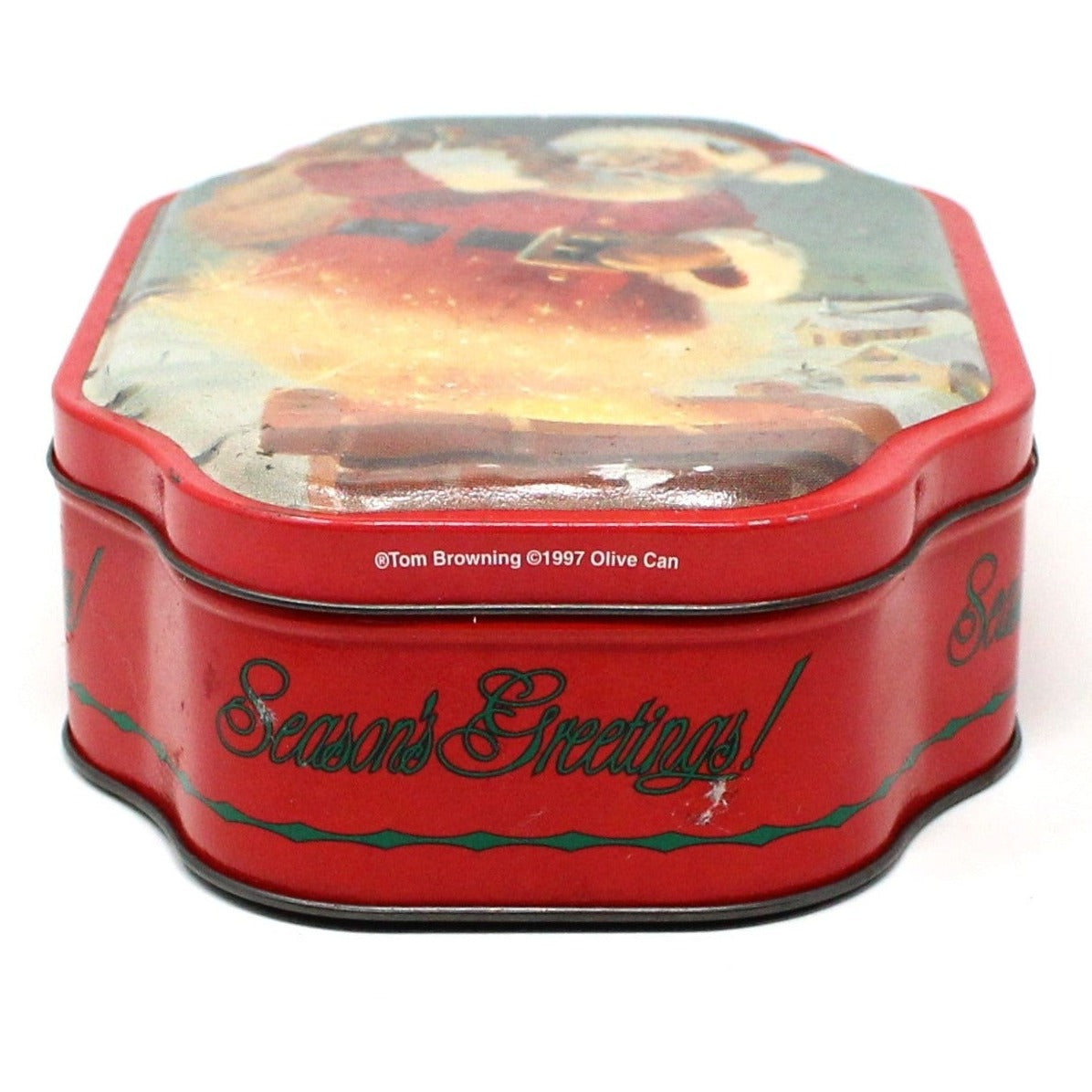 Tins, Gift Tin / Cookie Tin, Season's Greetings Santa Claus by Tom Browning, Olive Can Co, Vintage, SOLD