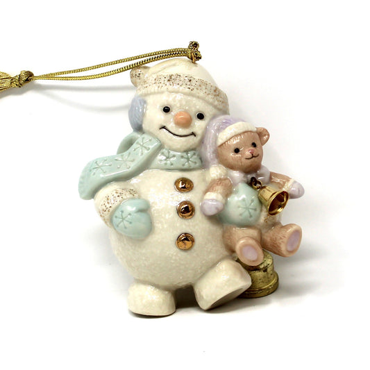 Retired Lenox Christmas Ornament, Snowman Hugging Teddy, in Original Box from the Snowlight Snowmen Series. Porcelain Holiday Tree Decor, Collectible