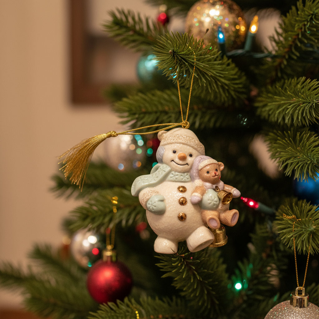 Ornaments, Lenox, Snowman Hugging Teddy in Box, Collectible Series, Porcelain 2002