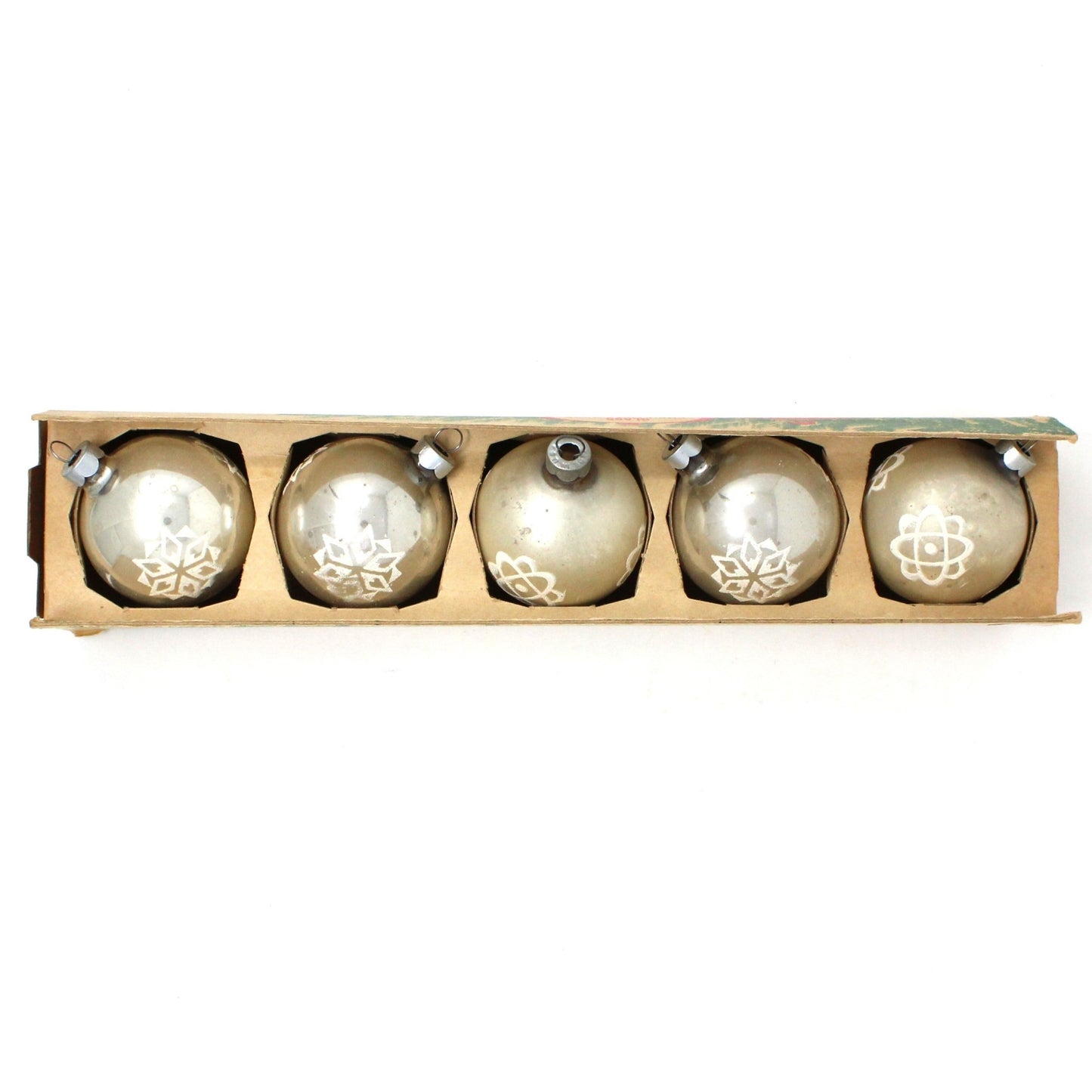 Ornament, Christmas Glass Ball, Shiny Brite, Silver with White Mica, Set of 5 in Original Tray Box, Vintage