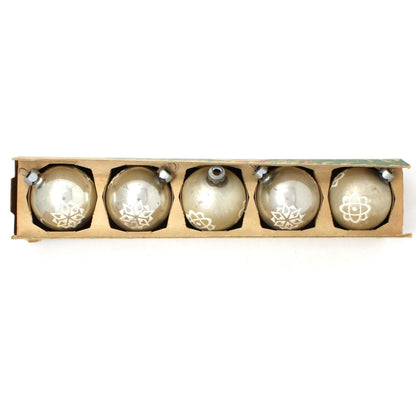 Ornament, Christmas Glass Ball, Shiny Brite, Silver with White Mica, Set of 5 in Original Tray Box, Vintage