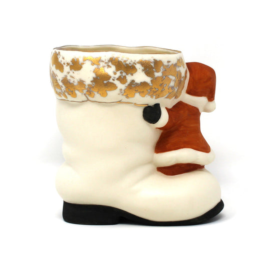 Planter / Vase, Santa with White Boot, Fine Porcelain Bisque, Hand Painted and Gilded, Vintage