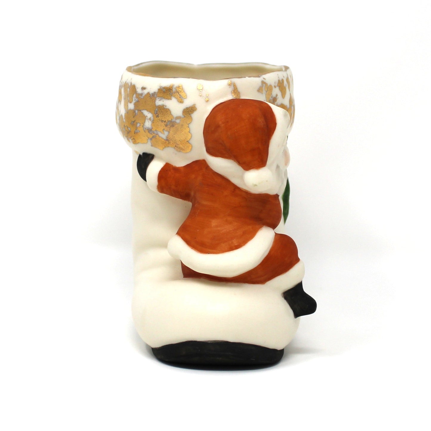 Planter / Vase, Santa with White Boot, Fine Porcelain Bisque, Hand Painted and Gilded, Vintage