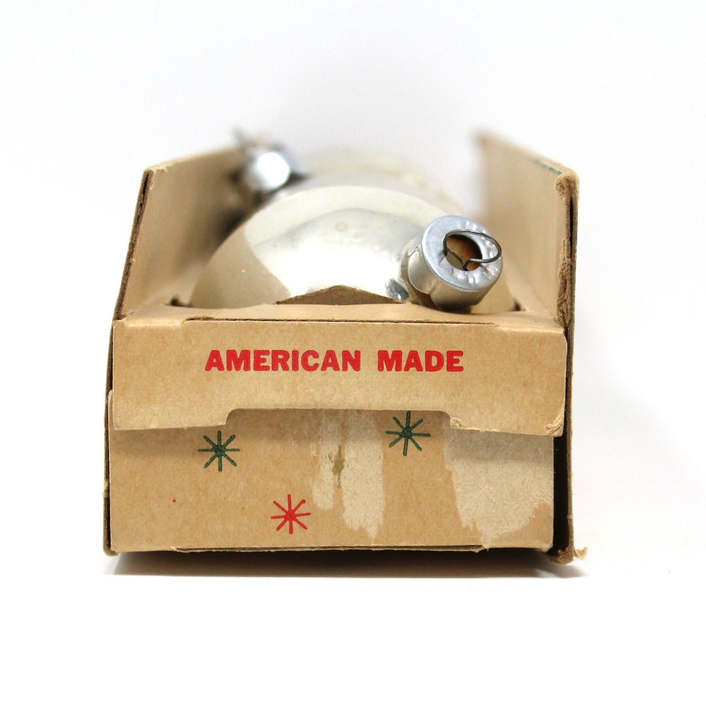 Ornaments, Glass Ball, Shiny Brite, Silver Glass Ball, Atomic Age White Mica Stencil, Set of 5 in Original Tray Box, Vintage
