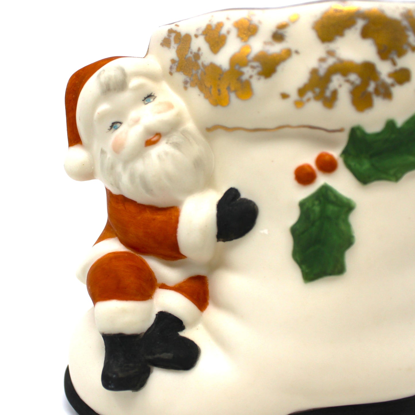 Planter / Vase, Santa with White Boot, Fine Porcelain Bisque, Hand Painted and Gilded, Vintage