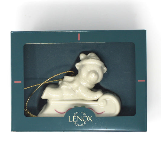 Ornaments, Lenox, Sledding Teddy in Box, Laurel Collection, Porcelain, Dated, Vintage 1996