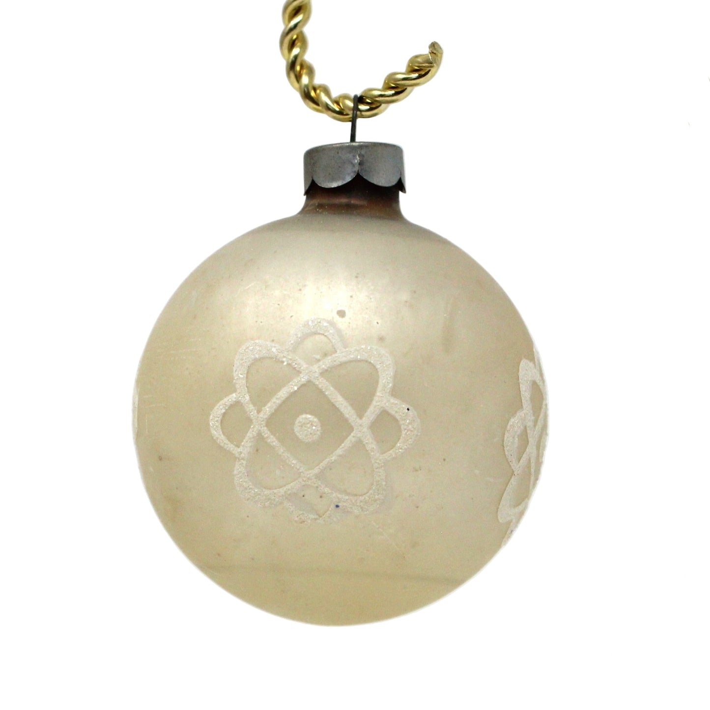 Set of 5 Vintage mercury glass Shiny Brite ornaments in original box. Off-white glass ball with atom symbol. Mid Century collectibles