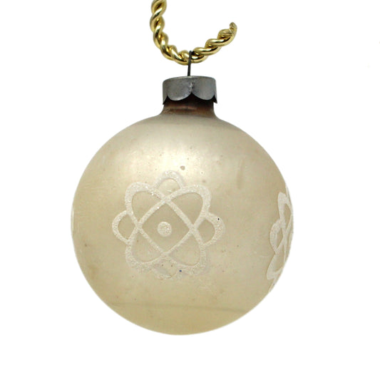 Set of 5 Vintage mercury glass Shiny Brite ornaments in original box.  Off-white glass ball with atom symbol.  Mid Century collectibles