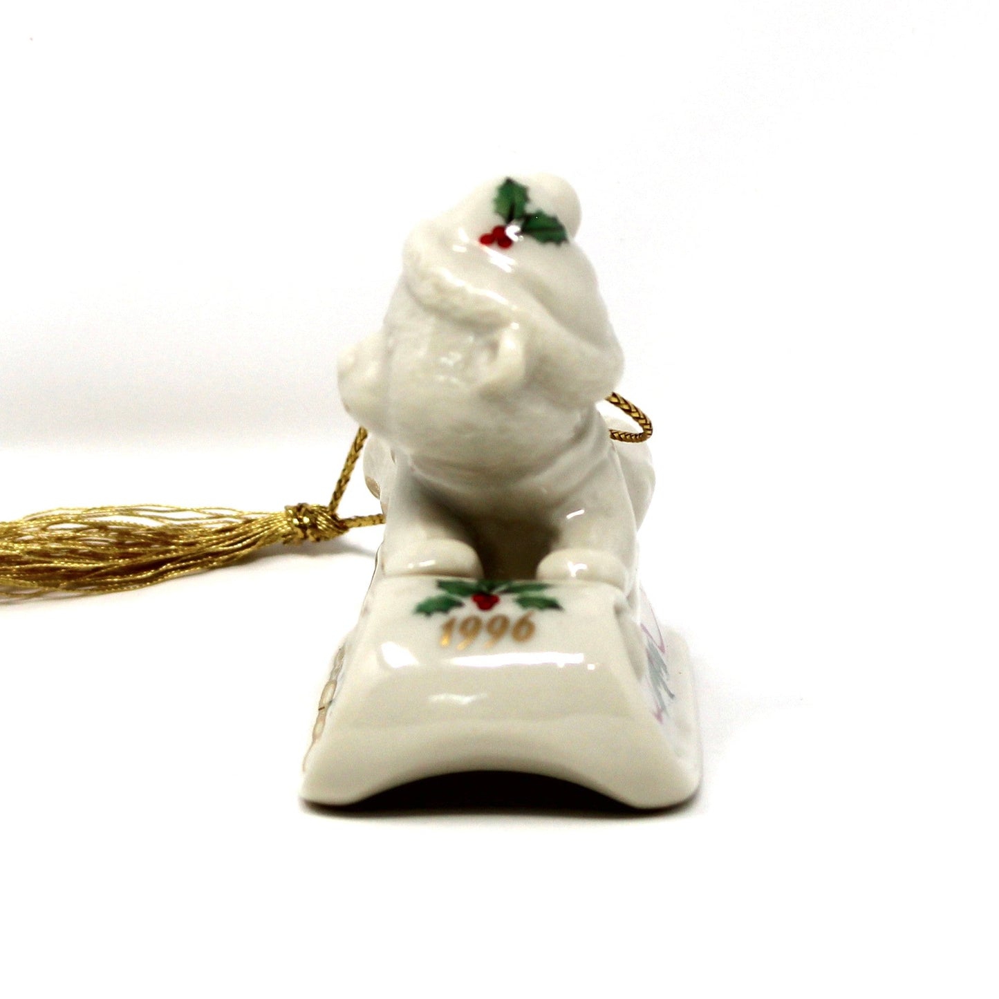 Ornaments, Lenox, Sledding Teddy in Box, Laurel Collection, Porcelain, Dated, Vintage 1996