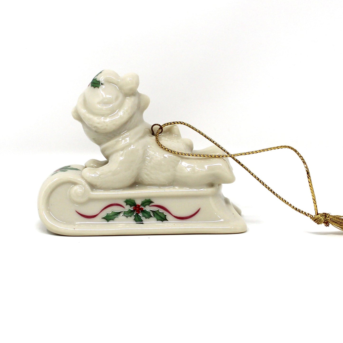 Ornaments, Lenox, Sledding Teddy in Box, Laurel Collection, Porcelain, Dated, Vintage 1996