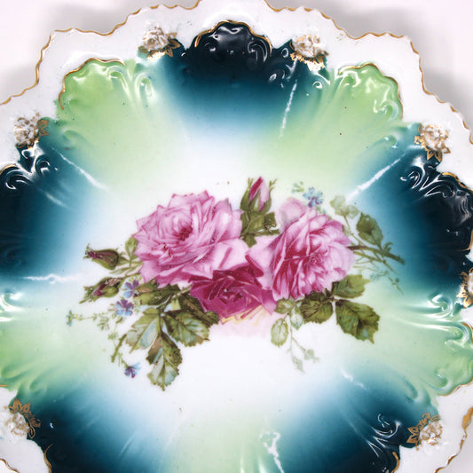 Decorative Plate, STAR Austria, Pink Roses with Turquoise, Teal Blue and Aqua, Art Nouveau, Antique