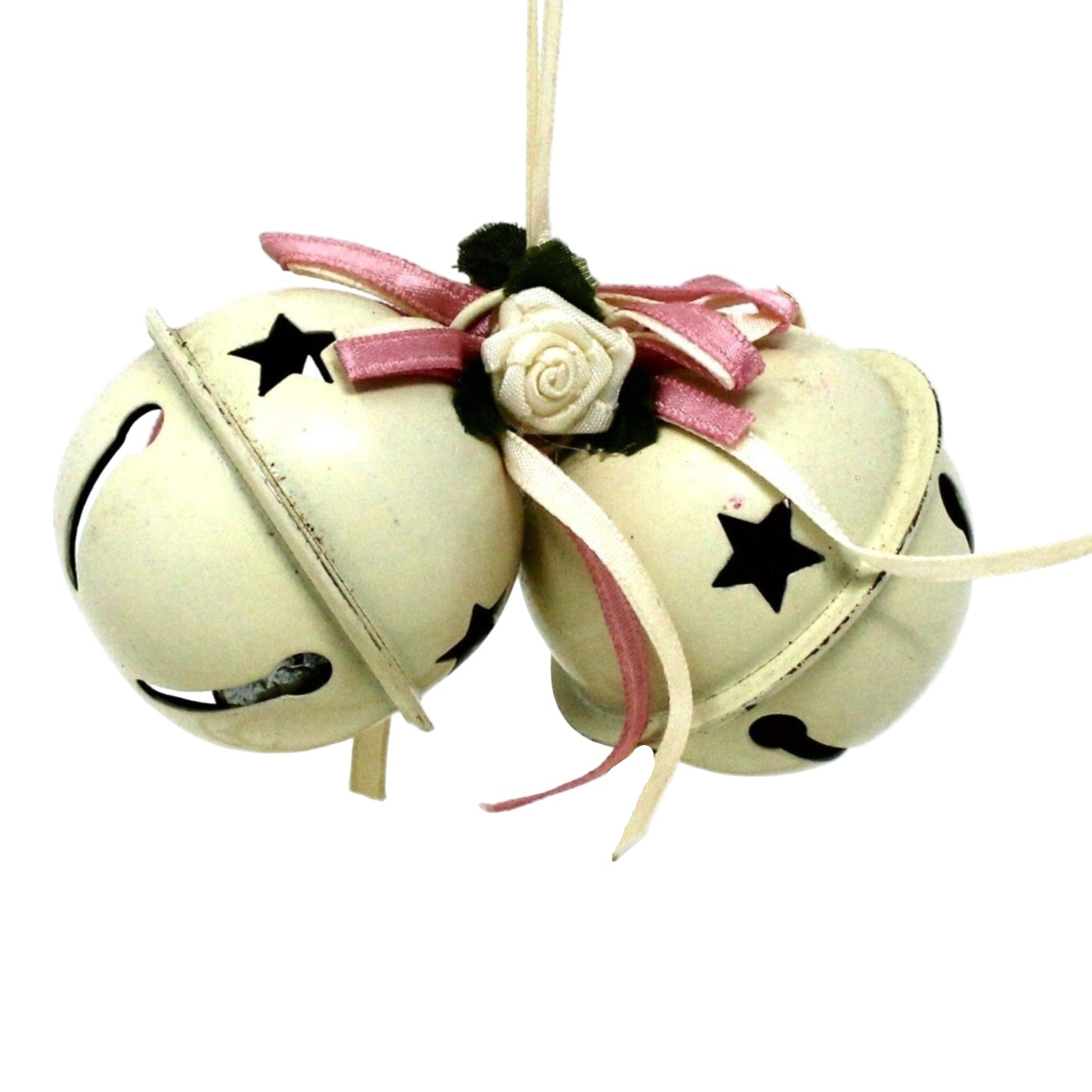 Vintage Christmas Ornament white metal Sleigh Bells with cut-out stars.  Set of two tied together with pink ribbon and rose.