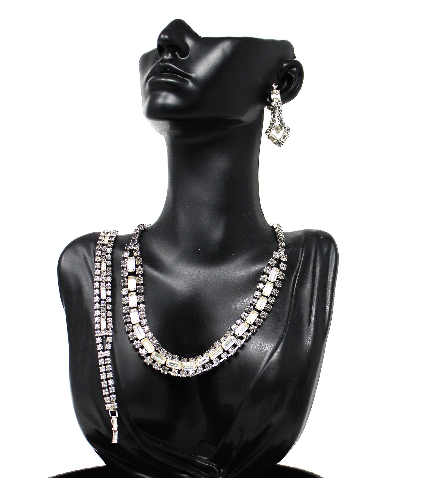 Necklace, Bracelet and Earrings Set Parure, Crystal Rhinestones Jewelry, 1950's, Prong Set, Vintage